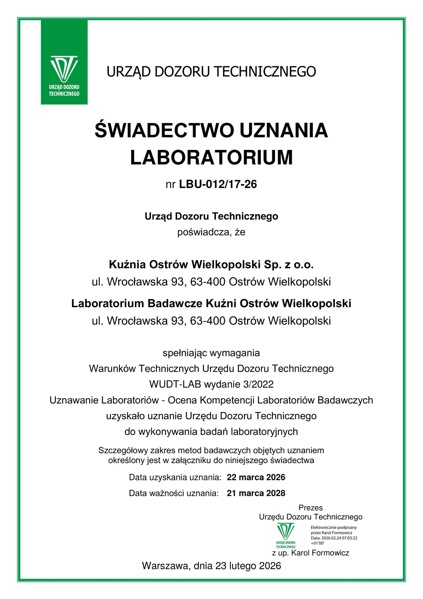 Świadectwo UDT